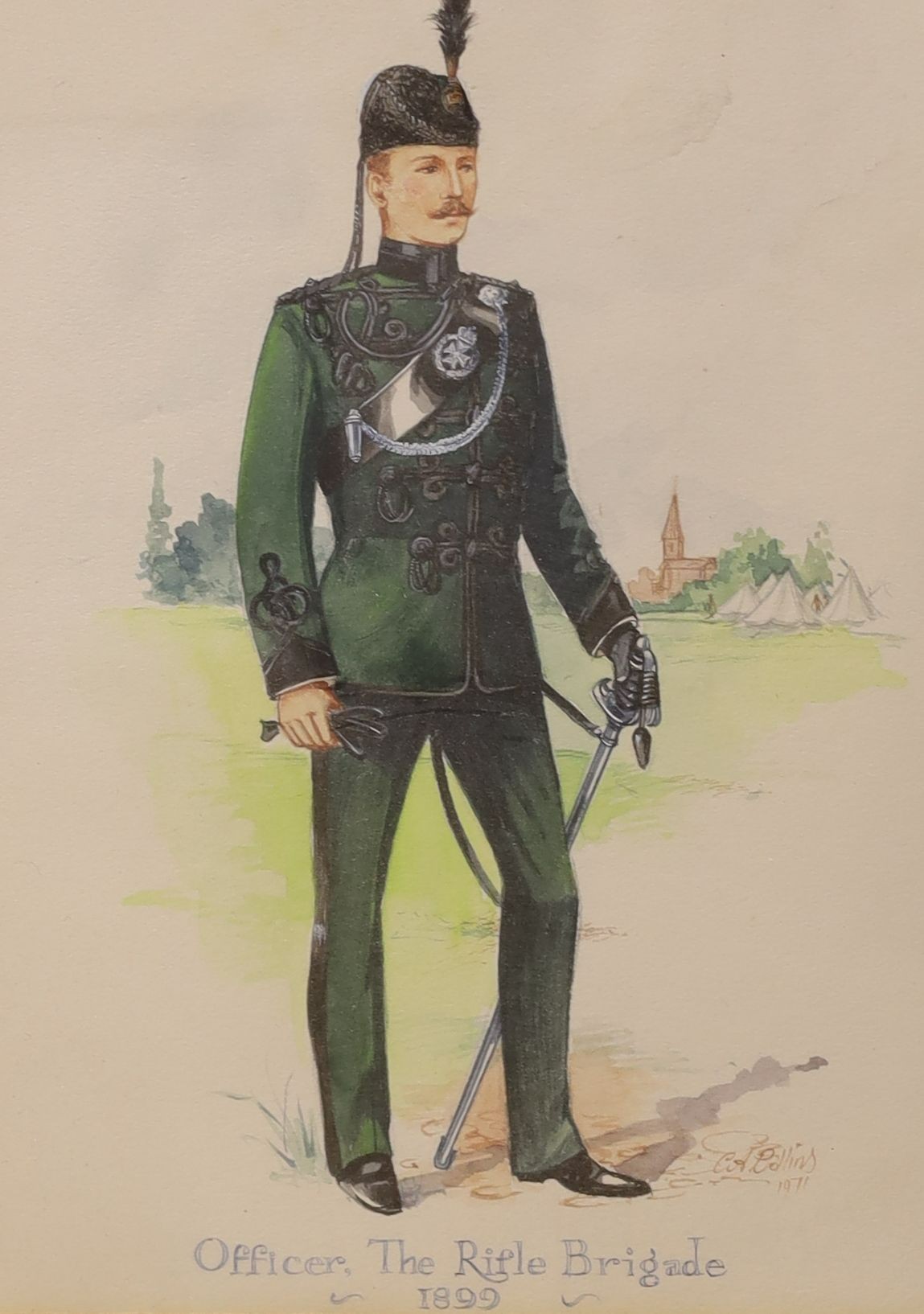 C.A. Collins, watercolour, Officer of the Rifle Brigade 1899, signed and dated 1971, 21 x 16cm and earlier watercolour caricature, The Gunners by Sniper, 34 x 26cm